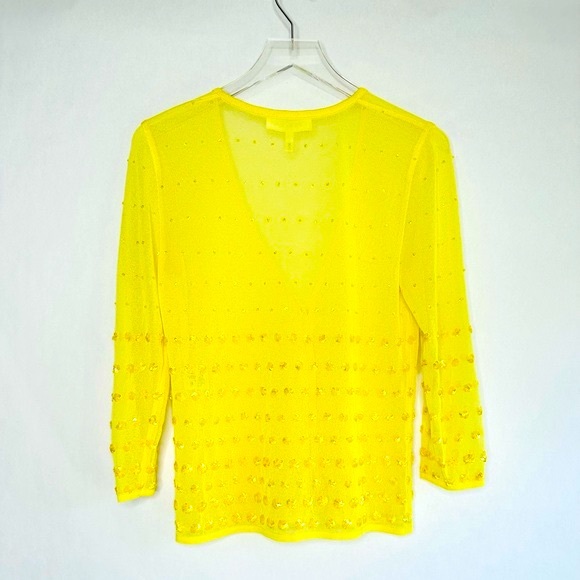 ESCADA Mesh Sequined Beaded Sheer Knit Bright Yellow Cardigan Sweater Size 38 - Picture 2 of 15